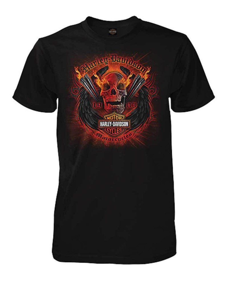 Harley Davidson Homme Explosive Winged Skull T-Shirt Manches Courtes, Noir