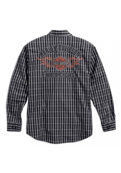 Harley Davidson Homme Flames Plaid  Chemise Manches Longues, Noir/Blanc. 99006-16VM