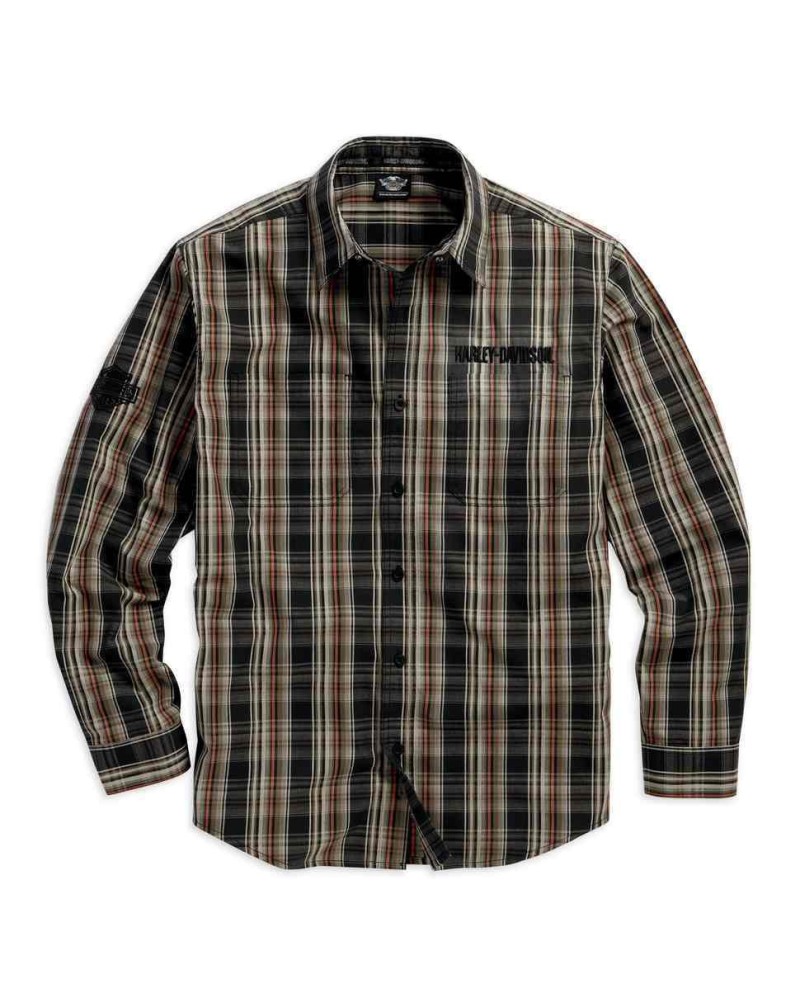 Harley Davidson Homme Plaid Logo Manches Longues  Chemise, Cotton Blend Noir/Sable. 99012-16VM