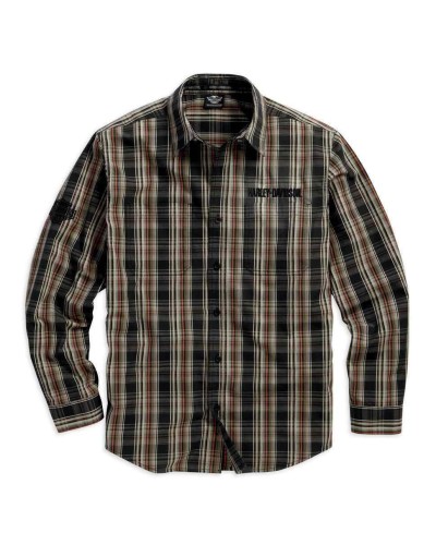 Harley Davidson Homme Plaid Logo Manches Longues  Chemise, Cotton Blend Noir/Sable. 99012-16VM