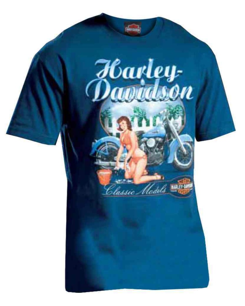 Harley Davidson Homme T-Shirt Manches Courtes, Bike Wash Pin-Up Lady, Bleu