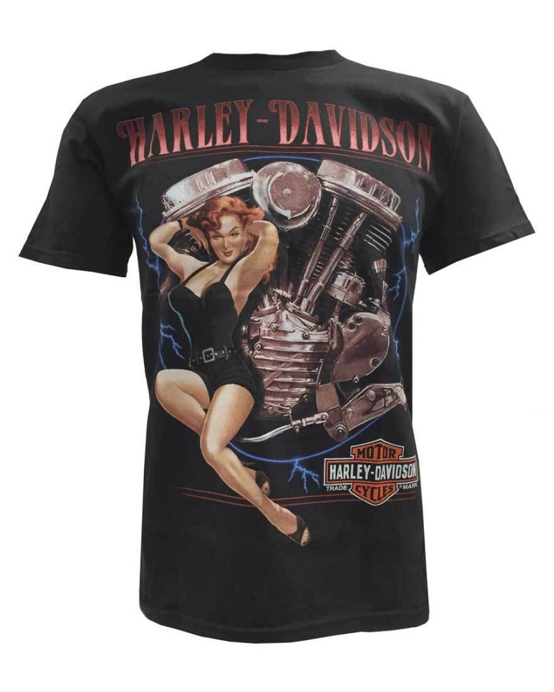 Harley Davidson Homme T-Shirt Manches Courtes, Piston Thunder Pin-Up Lady, Noir