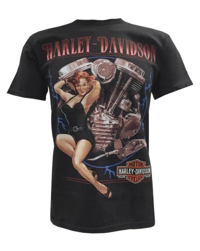 Harley Davidson Homme T-Shirt Manches Courtes, Piston Thunder Pin-Up Lady, Noir