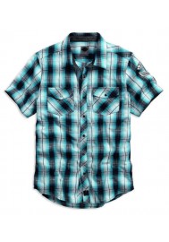 Harley Davidson Homme Snap-Front Plaid Chemise Manches Courtes Bleu/Noir. 99024-16VM