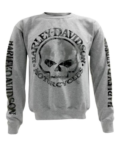 Harley Davidson Homme Pullover Crew Sweatshirt H-D Willie G Skull Gris 30296655