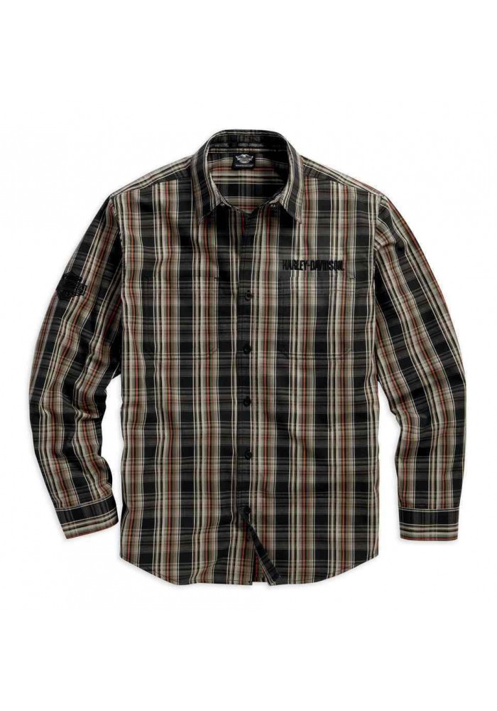 Harley Davidson Homme Plaid Logo Manches Longues Chemise, Cotton Blend Noir/Sable. 99012-16VM