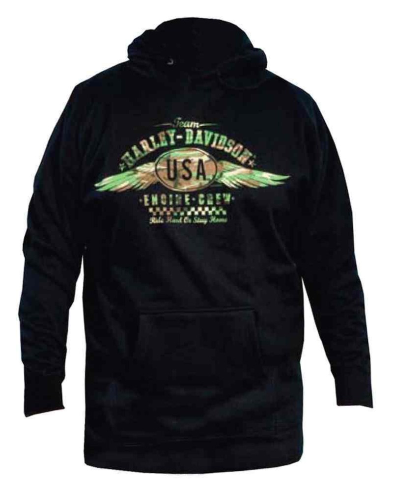 Harley Davidson Homme Pullover Sweatshirt à Capuche, USA Winged Camo Graphic, Noir