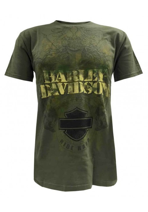 Harley Davidson Homme T-Shirt, Bar &amp; Shield Ride Hard Fatigue Camo  Vert