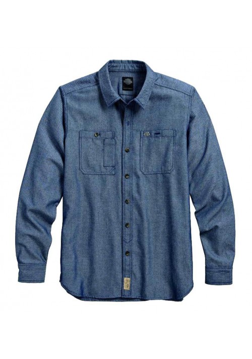 Harley Davidson Homme Herringbone  Chemise Manches Longues, Bleu 96455-16VM