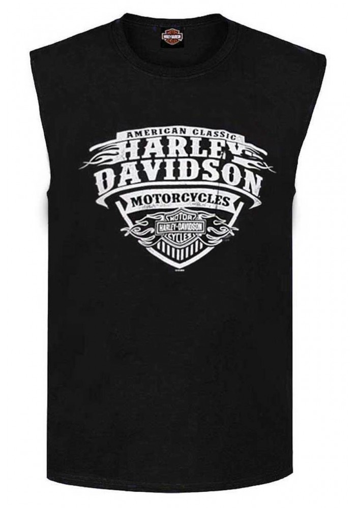 Harley-Davidson Hommes Flames Distressed Sleeveless Pocket Muscle Shirt - Noir 30298758