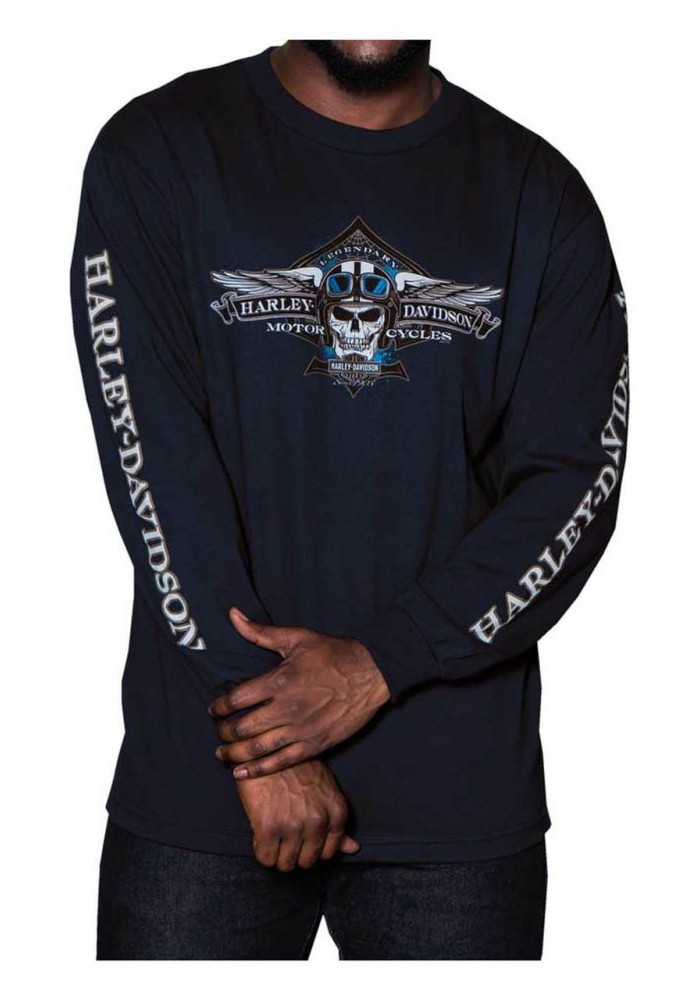 Harley-Davidson Hommes Aviator Skull manches longues col rond Shirt Navy Blue 30294688